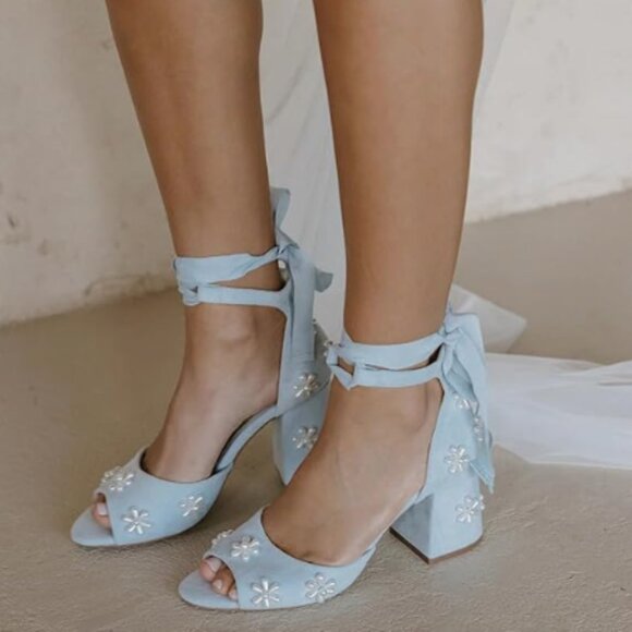 XYD Blue Open Toe with Bloom Pearl Flower Ribbon Ankle Strap Chunky Heel Sandals - Picture 1 of 8